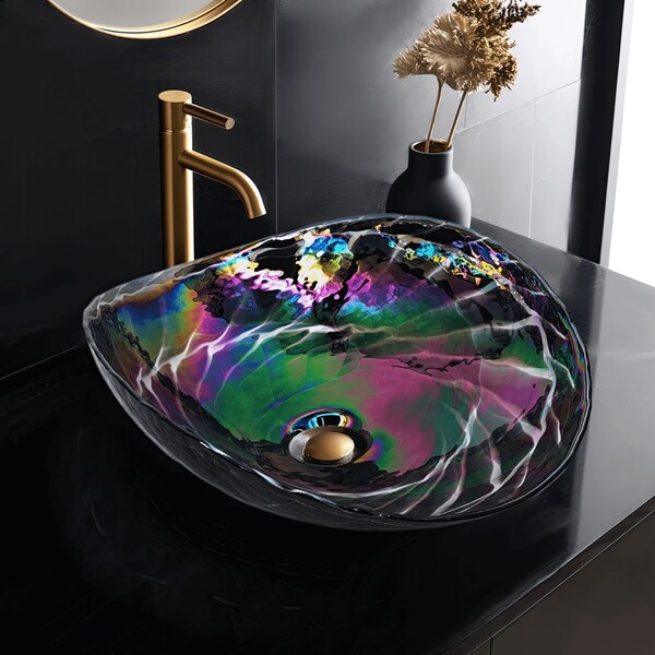 Ruvati 19 inch Murano Glass Art Vessel Seashell Decorative Pattern Bathroom Sink Cosmic Black RVB3048 - main